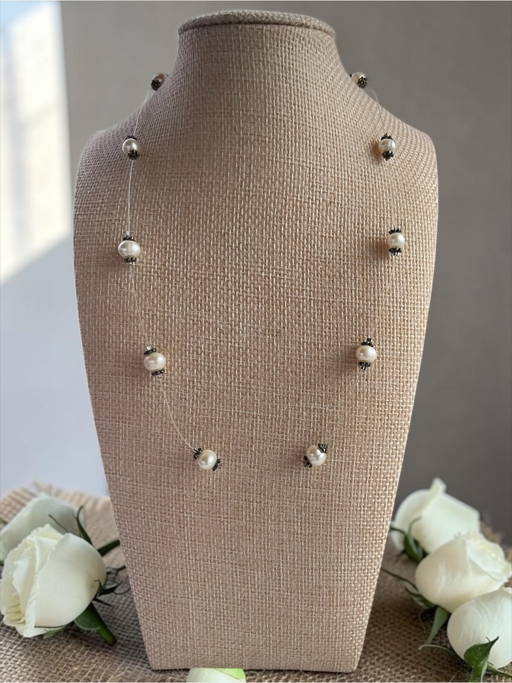 Floating Freshwater Pearl Necklace With Silver Tone Accents